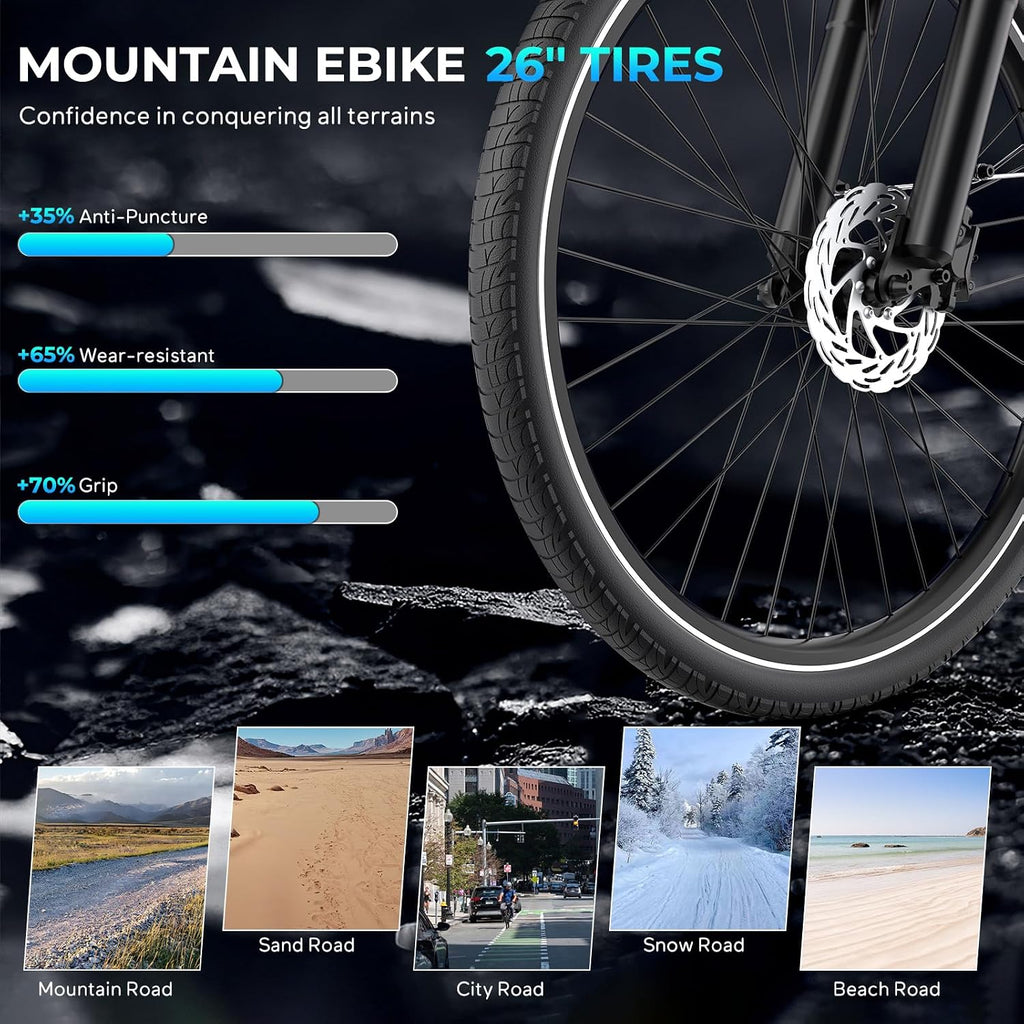 26" Electric City Cruiser Bike for Adults, 1000W Motor, Up to 28 MPH, Up to 70 Mile Range, 7-Speed Electric Mountain Bike for Commuting