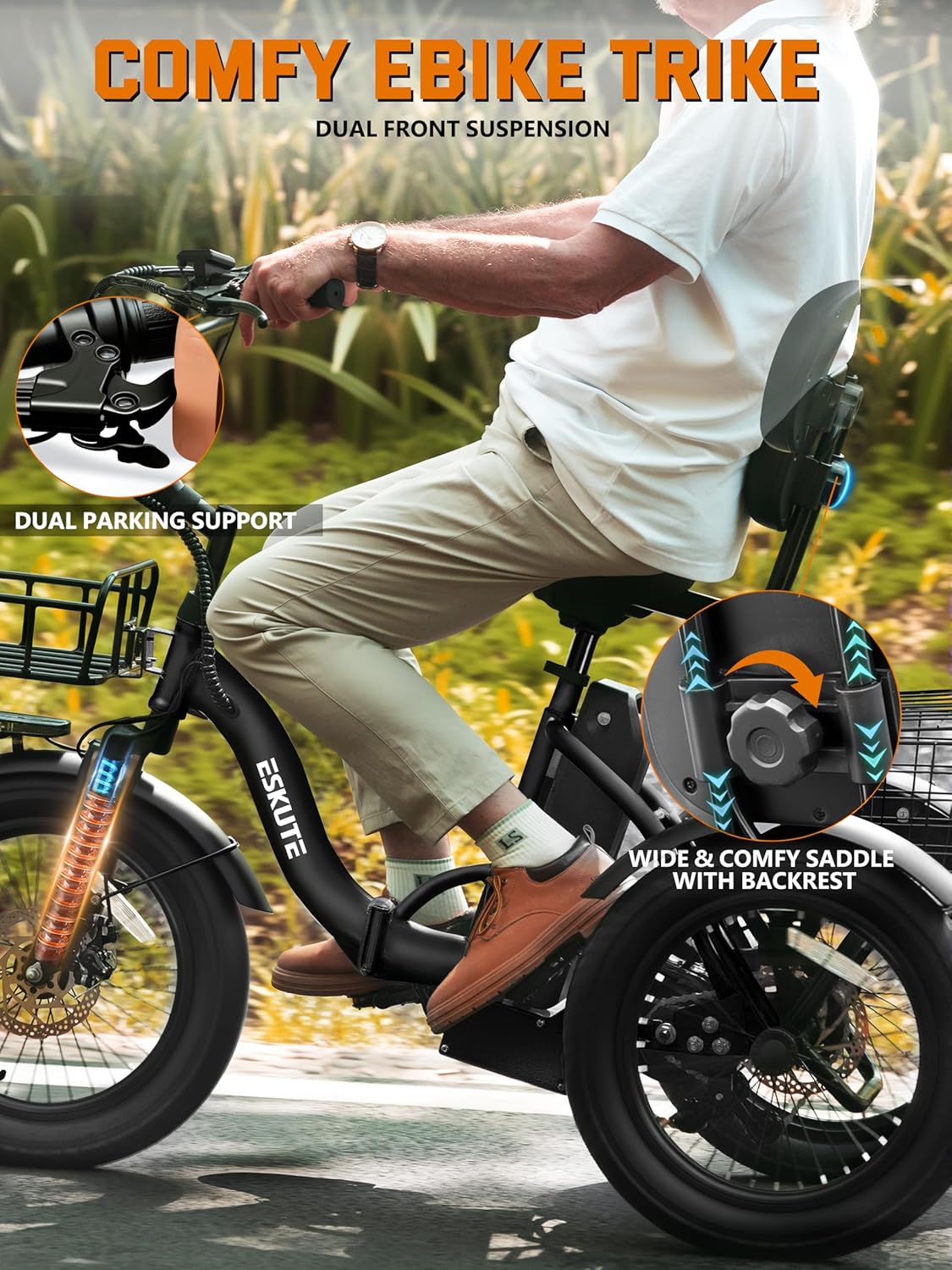 Adult Folding Electric Trike with Peak Motor, 18" Fat Tires, Step-Through 3-Wheel Electric Bicycle, Up to 18 MPH, Long-Range Electric Tricycle