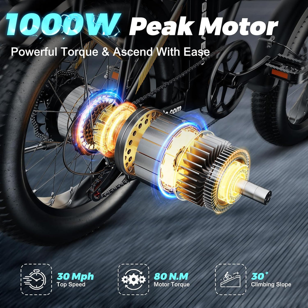20" Foldable Fat Tire Electric Bike for Adults, Peak 1000W Motor, 7-Speed Commuter E-Bike with Up to 60 Miles Range