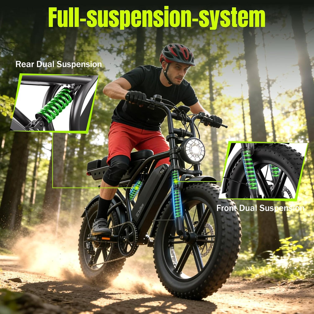 1500W Peak Electric Bike for Adults, 20" Fat Tire All-Terrain E-Bike, Up to 60–130 Miles Range, Electric Dirt Bike Style, UL 2849 Certified