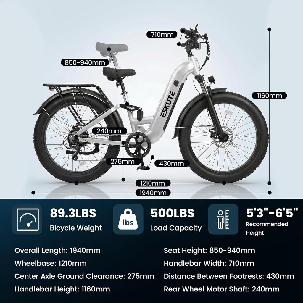 26" × 4.0" Fat Tire Step-Through Electric Bike for Adults, 1500W Peak Motor, Up to 32+ MPH, Up to 80 Mile Range, 8-Speed Full Suspension Commuter E-Bike