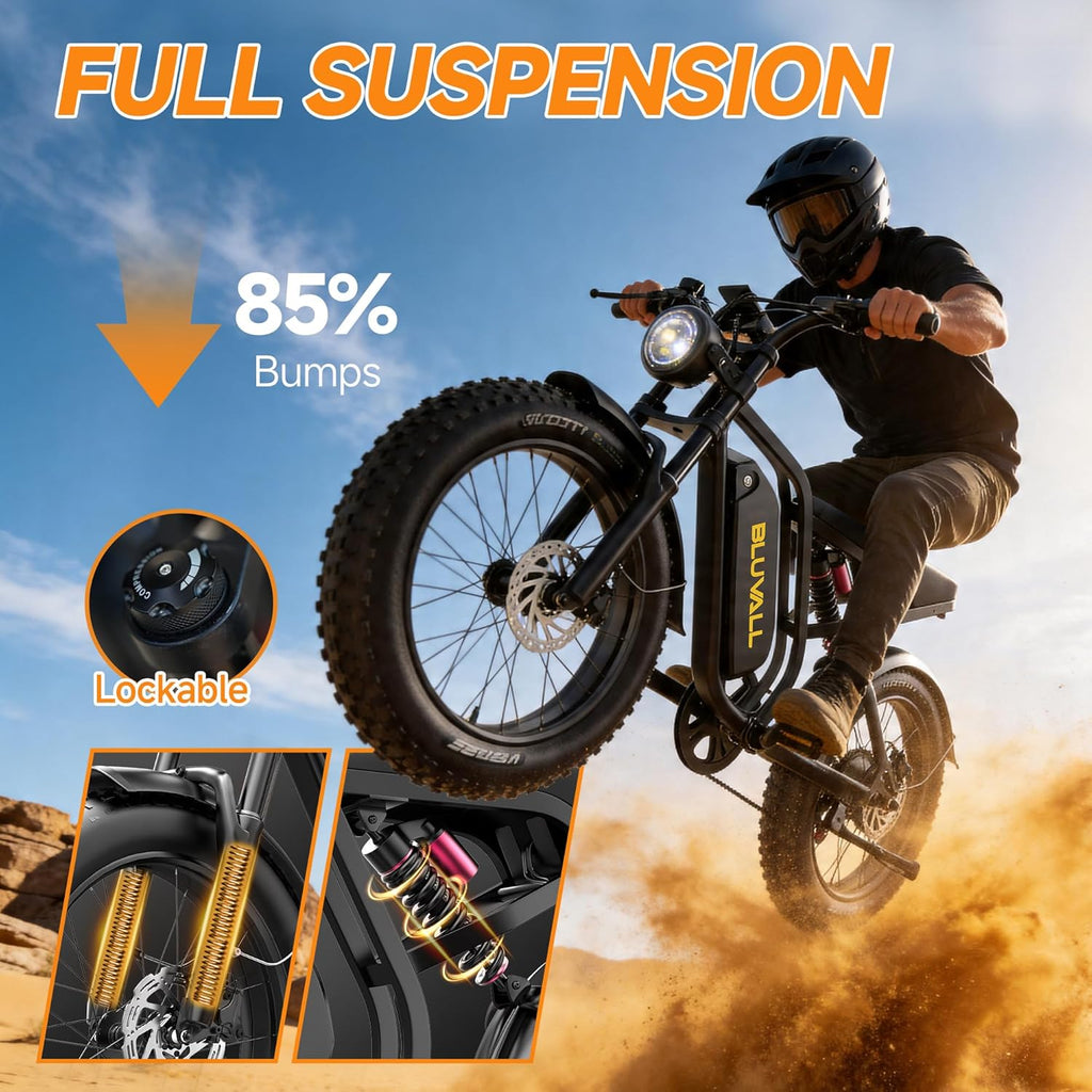 1500W Peak Electric Bike for Adults, 20" Fat Tire E-Bike with Up to 60 Miles Range, Hydraulic Disc Brakes, Full Suspension, 7-Speed Gear System, All-Terrain Off-Road Bicycle
