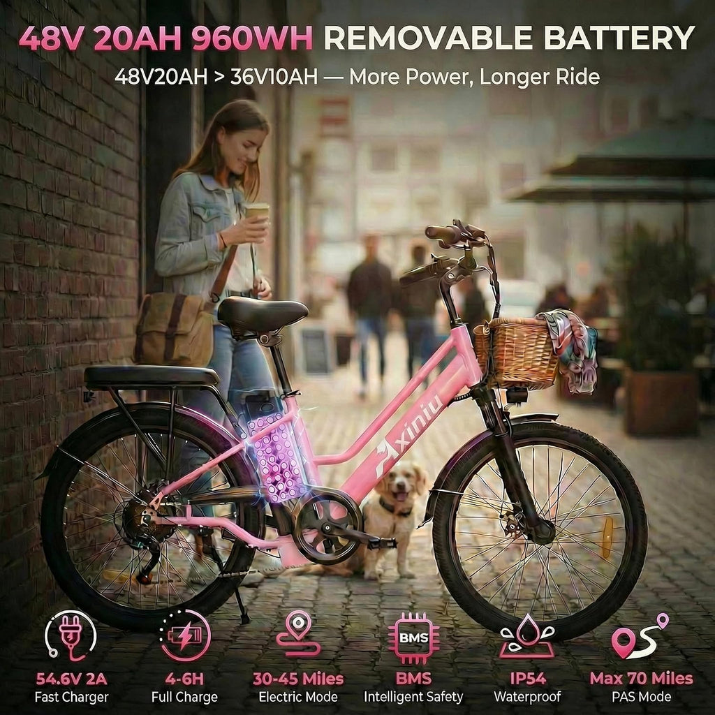 24" Step-Through Electric Bike for Adults, 1000W Peak Motor, Up to 22 MPH, Up to 70 Mile Range, 7-Speed City Cruiser Commuter E-Bike