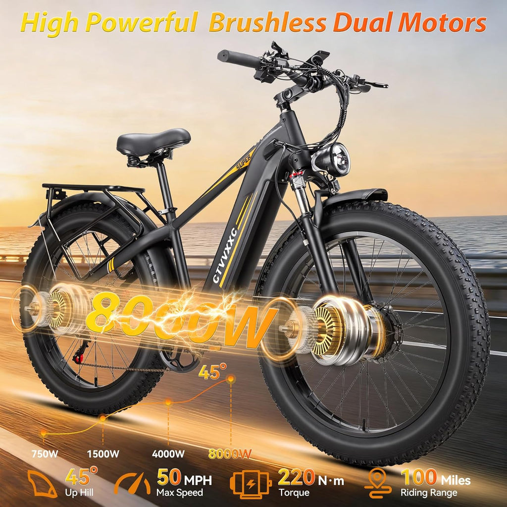26" Dual Motor Electric Bike for Adults, 8000W Peak Motor, Up to 50 MPH, Up to 100 Mile Range, Full Suspension All-Terrain E-Bike