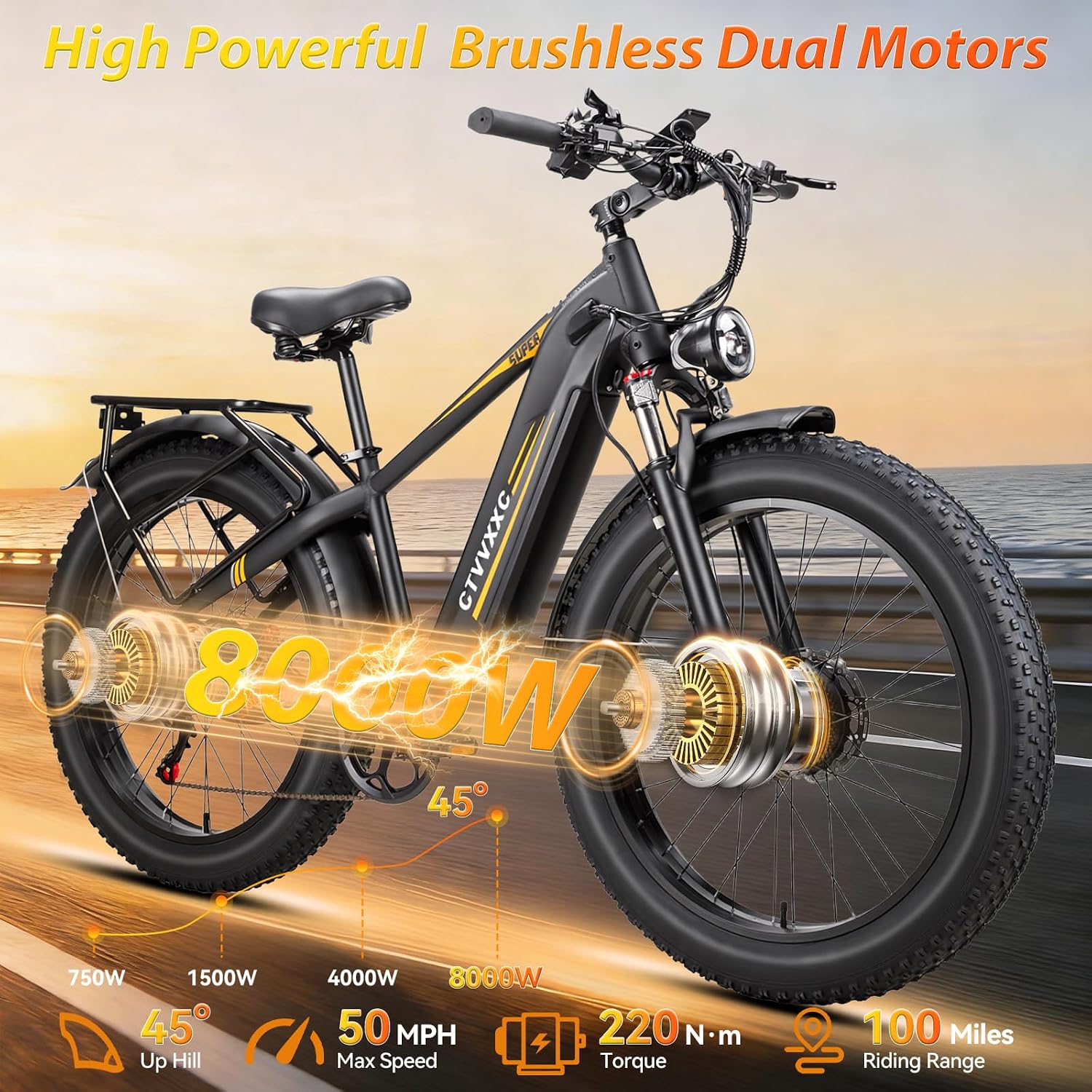 26" Dual Motor Electric Bike for Adults, 8000W Peak Motor, Up to 50 MPH, Up to 100 Mile Range, Full Suspension All-Terrain E-Bike