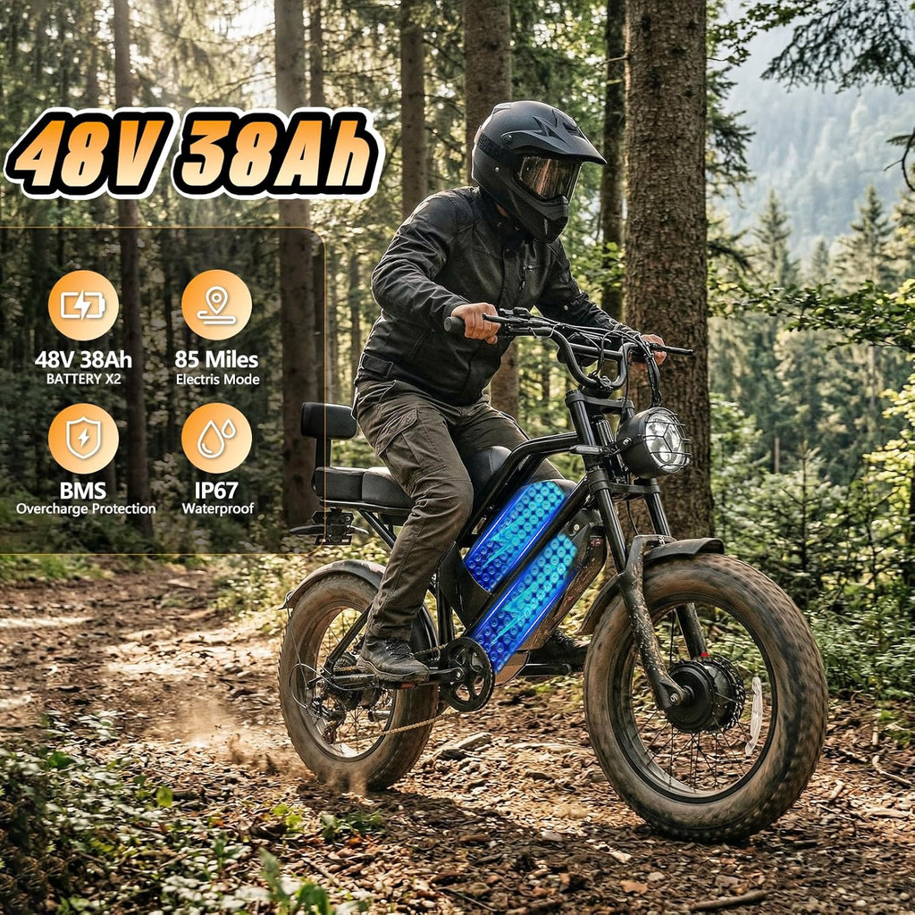 20" Fat Tire Electric Bike for Adults with 5000W Peak Dual Motor, Dual Power System, Hydraulic Disc Brakes, Up to 36 MPH & 85+ Miles Range