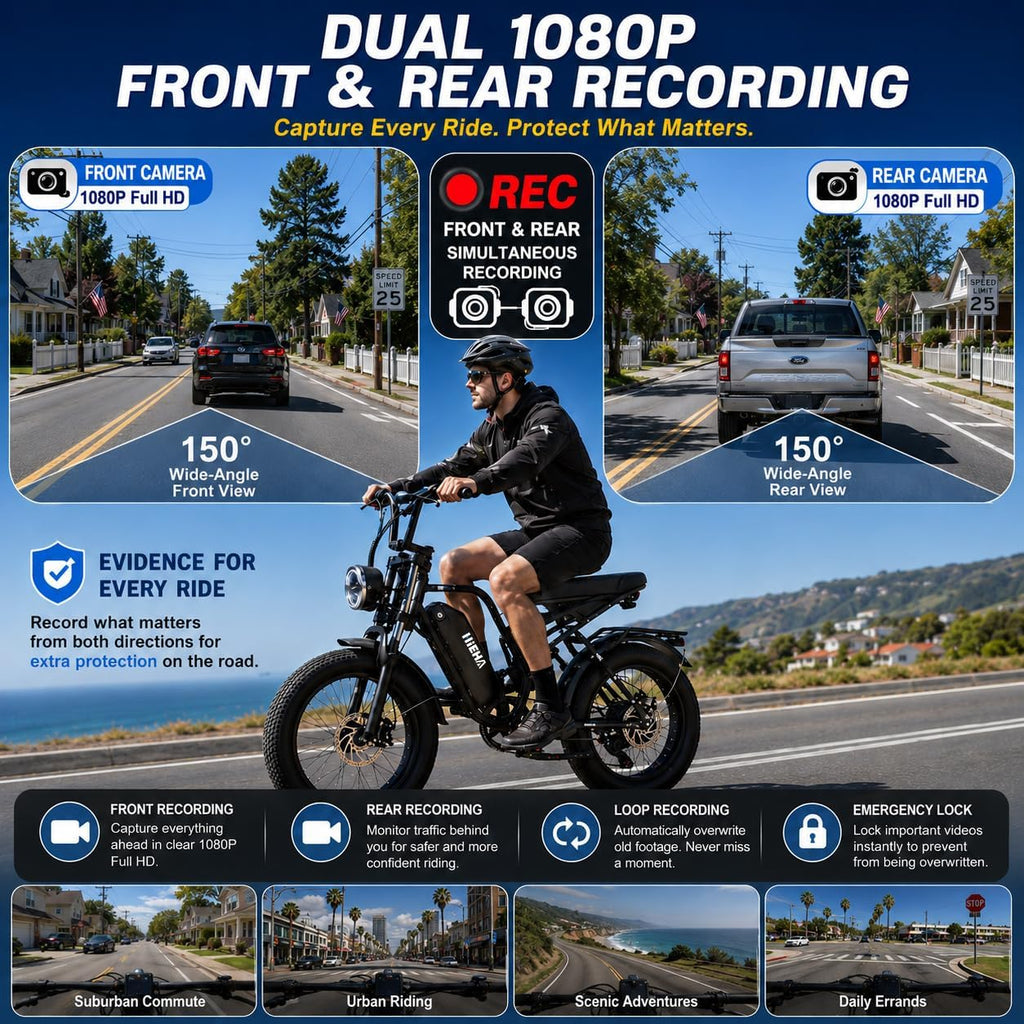 1500W Peak Electric Bike for Adults with Smart Display, 20" Fat Tire E-Bike, Up to 34 MPH & 65 Miles Range, Dual Camera, Full Suspension, All-Terrain Commuter Bicycle