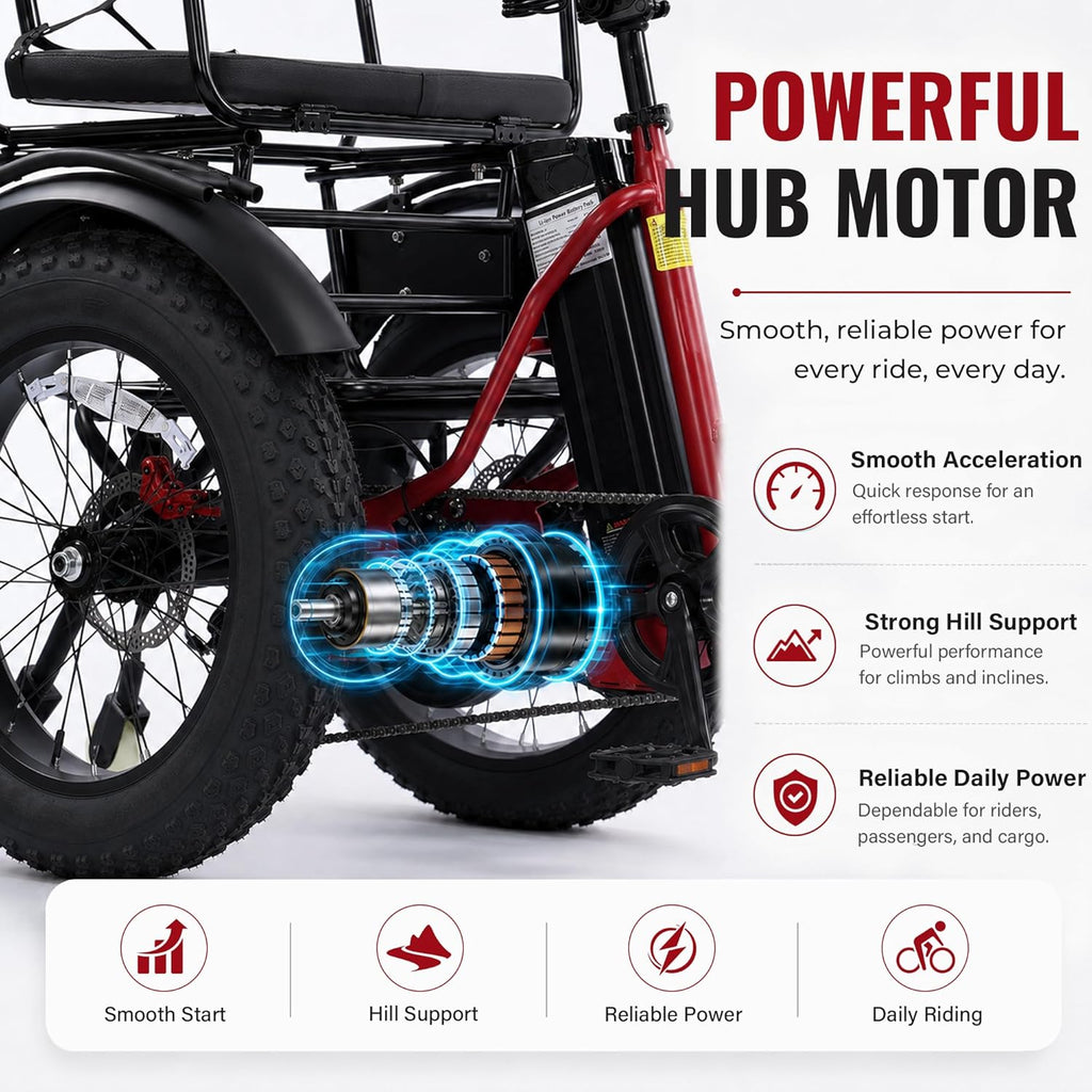 Two-Seater Folding Electric Tricycle for Adults with 1350W Peak Motor, Passenger Seat, 20" x 4.0" Fat Tires & Rear Differential