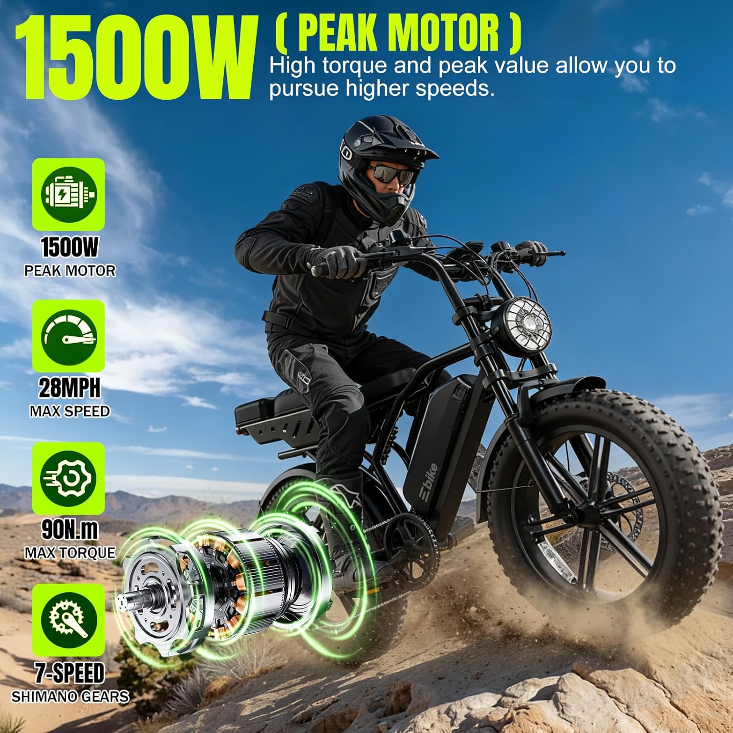 1500W Peak Electric Bike for Adults, 20" Fat Tire All-Terrain E-Bike, Up to 60–130 Miles Range, Electric Dirt Bike Style, UL 2849 Certified
