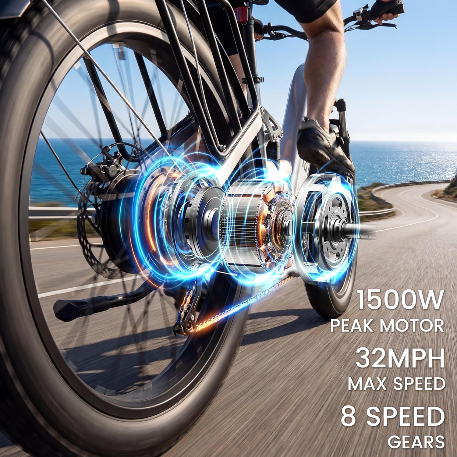26" × 4.0" Fat Tire Step-Through Electric Bike for Adults, 1500W Peak Motor, Up to 32+ MPH, Up to 80 Mile Range, 8-Speed Full Suspension Commuter E-Bike