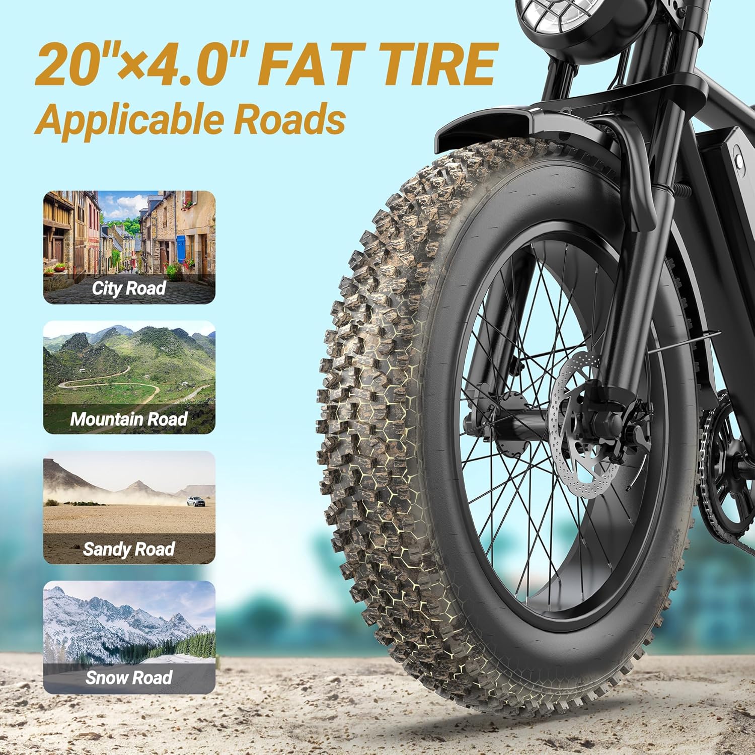 1500W Peak Electric Bike for Adults, Full Suspension Fat Tire E-Bike, Up to 31 MPH Speed, 25–70 Miles Range, Removable Power Pack, LED Headlight & All-Terrain Tires