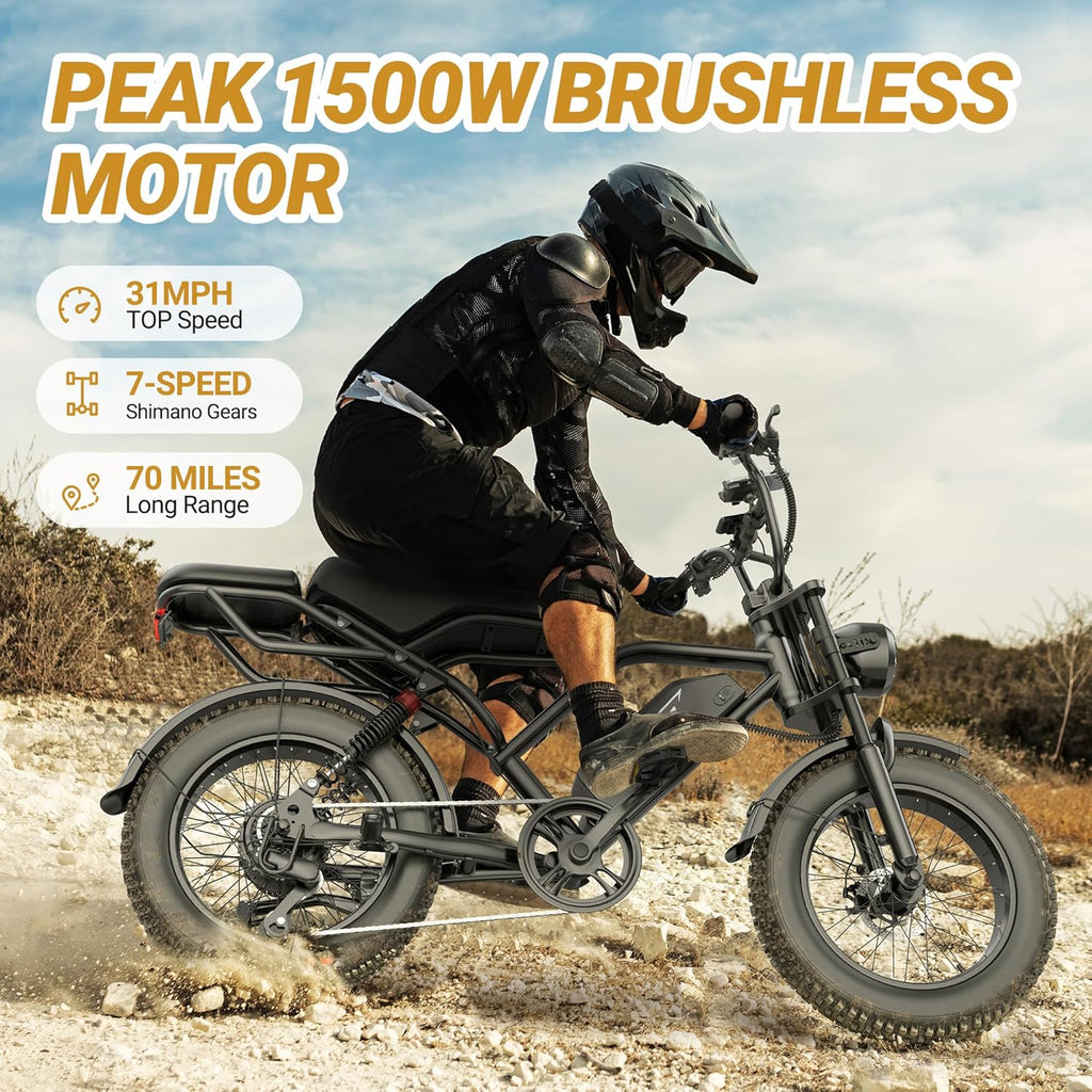 1500W Peak Electric Bike for Adults, Full Suspension Fat Tire E-Bike, Up to 31 MPH Speed, 25–70 Miles Range, Removable Power Pack, LED Headlight & All-Terrain Tires