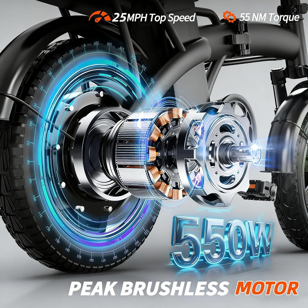 14" Foldable Electric Bike for Adults & Teens, Peak 550W Motor, Up to 25 MPH, Mini Commuter E-Bike with Up to 35 Miles Pedal-Assist Range